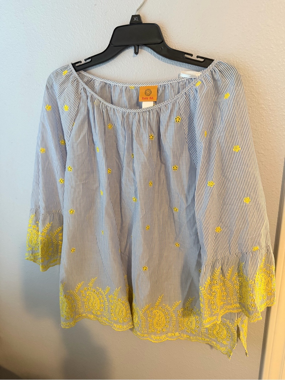 Ruby Rd. Blue & White Striped Peasant Blouse with Yellow Embroidery